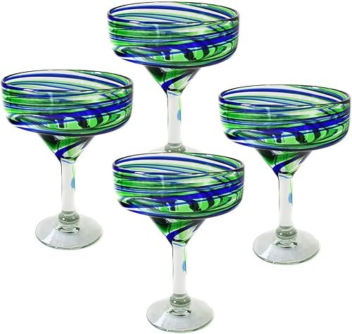 Vasos Margarita - Vaso mexicano soplado a mano, juego de 4, remolino azul y verde