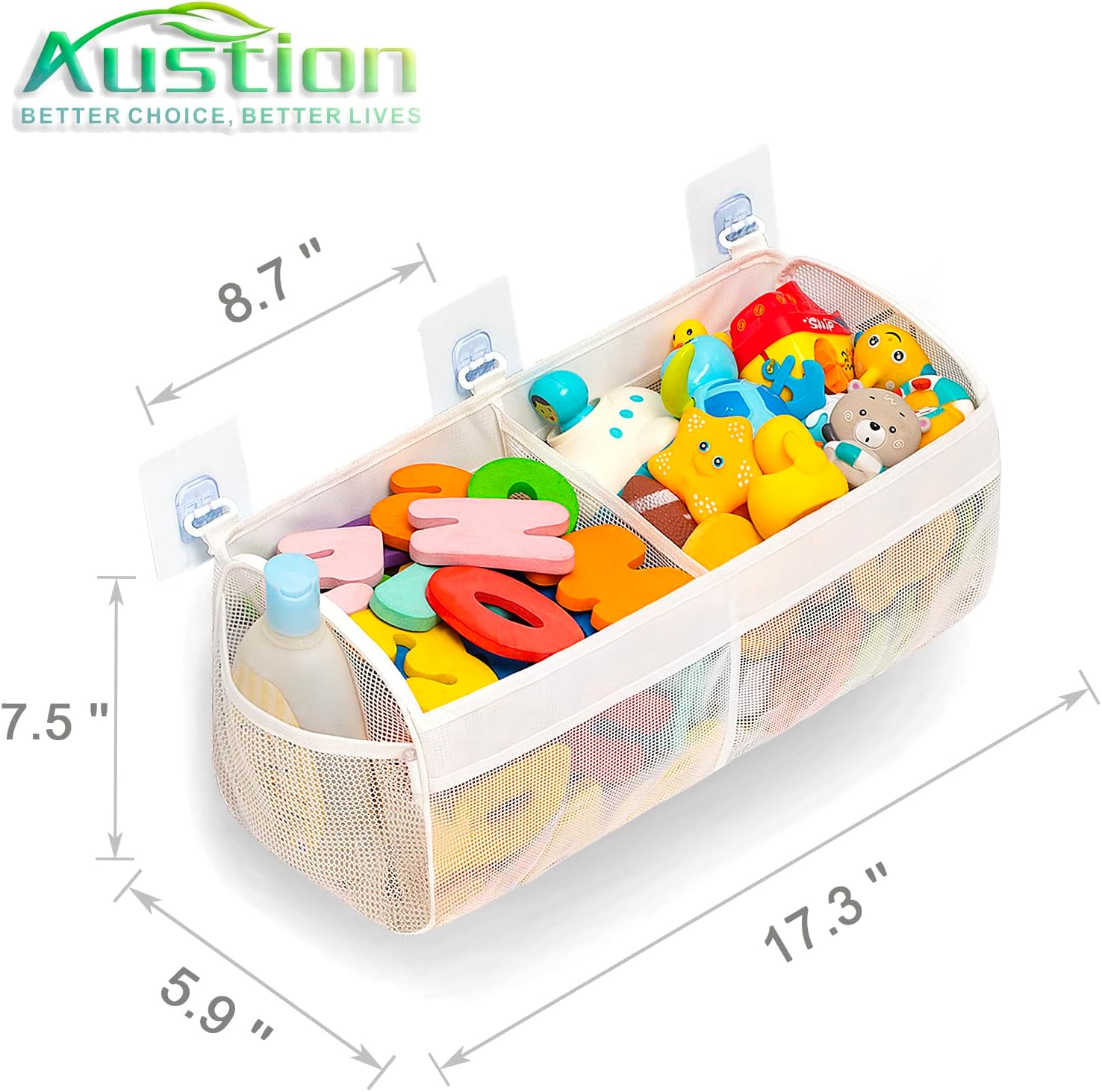 Austion Original Two Compartment Easy-access Mesh Bath Toy Organizer for Bath Tub with Large Openings Quick Drying Cute Toddler Bath Toy Storage Holder for Baby