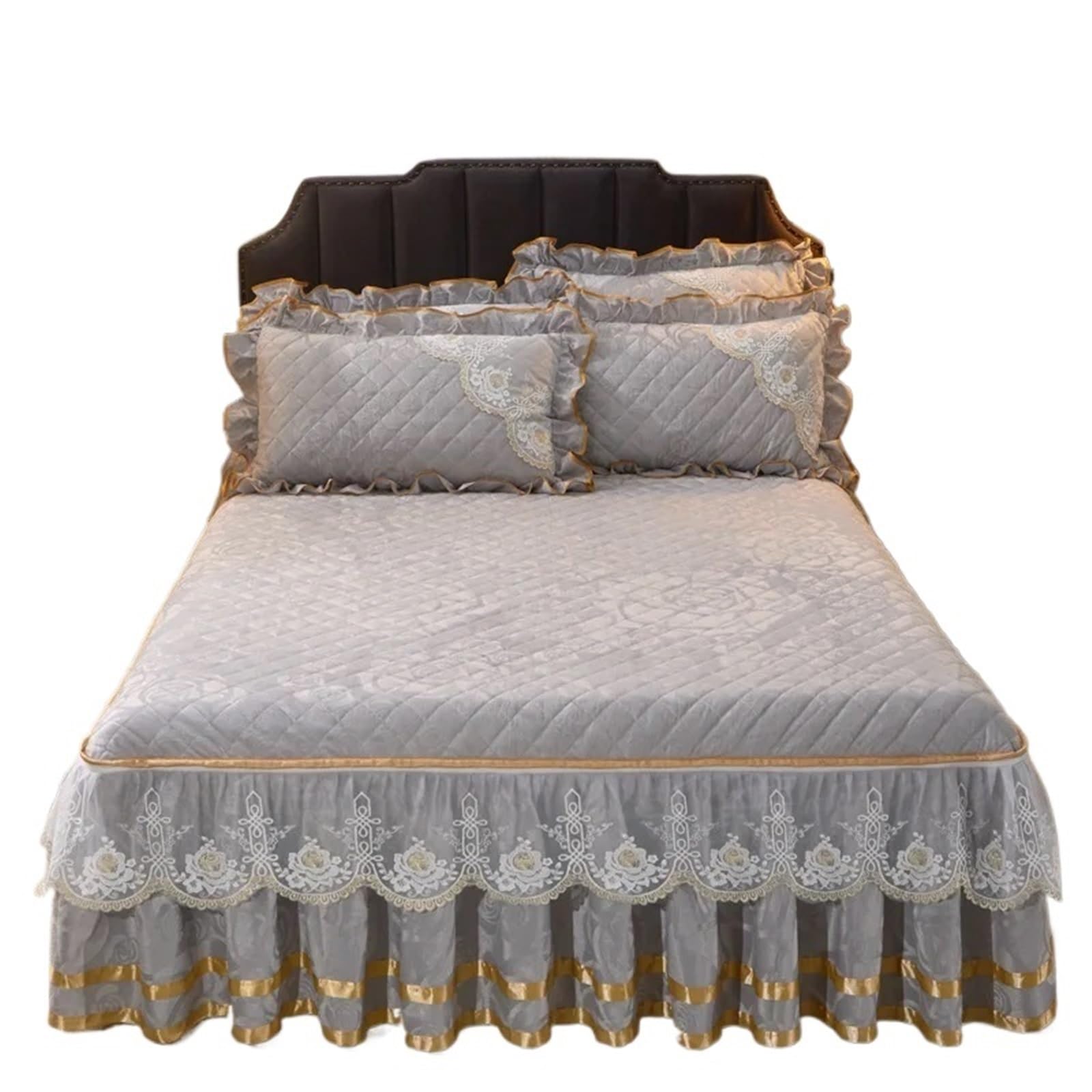 Winter Coral Fleece Zipper Removable Bedspread King Queen Thicken Velvet Quilted Bed Skirt Not Including Pillowcase(Grey,1pc Skirt 180x200cm)