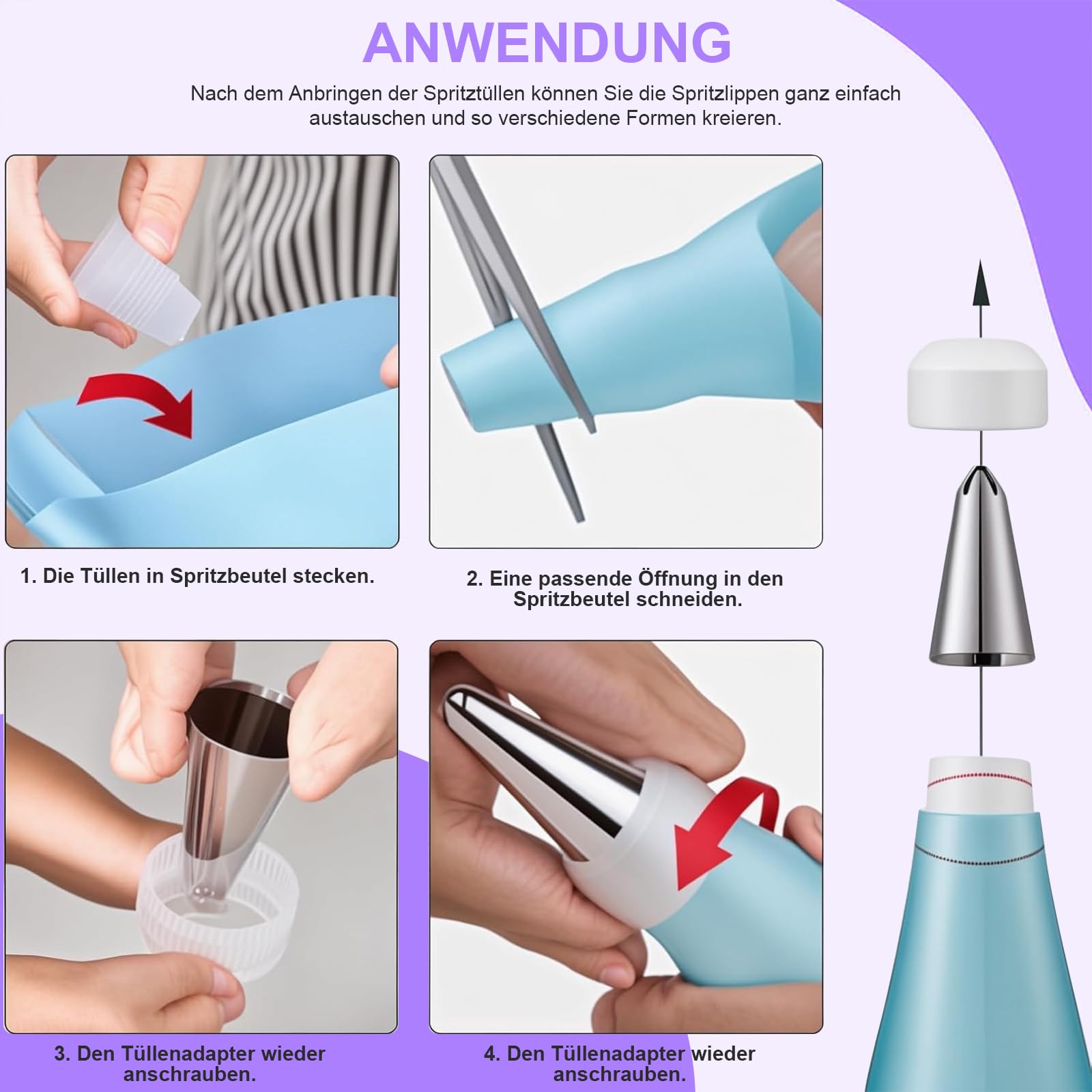 Torten Zubehör Set, 137-teiliges, mit Drehteller Tortenplatte Drehbar, Edelstahl und PP-Material, Lnklusive Kuchenschaber, Spritztüllen Set Cake Decorating Turntable für Anfänger und Profis(Lila)