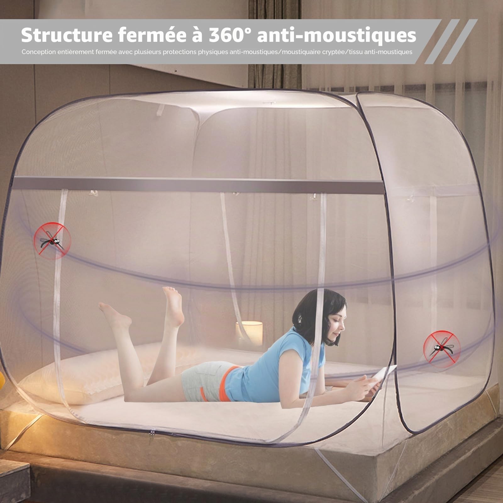 Moustiquaire de lit pop-up double porte - Moustiquaire pliable avec fond - Tente anti-moustiques à double porte - Tente de camping pour chambre à coucher, extérieur et camping (200 x 180 x 145 cm)