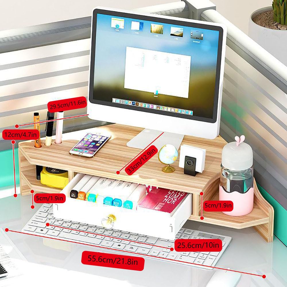 KUAIYU Triangle Monitor Stand Riser,Cut Triangle Save Space Desktop Corner,Desktop corner shelf with drawers wooden computer stand with storage laptop risers office organization. (Have drawers)