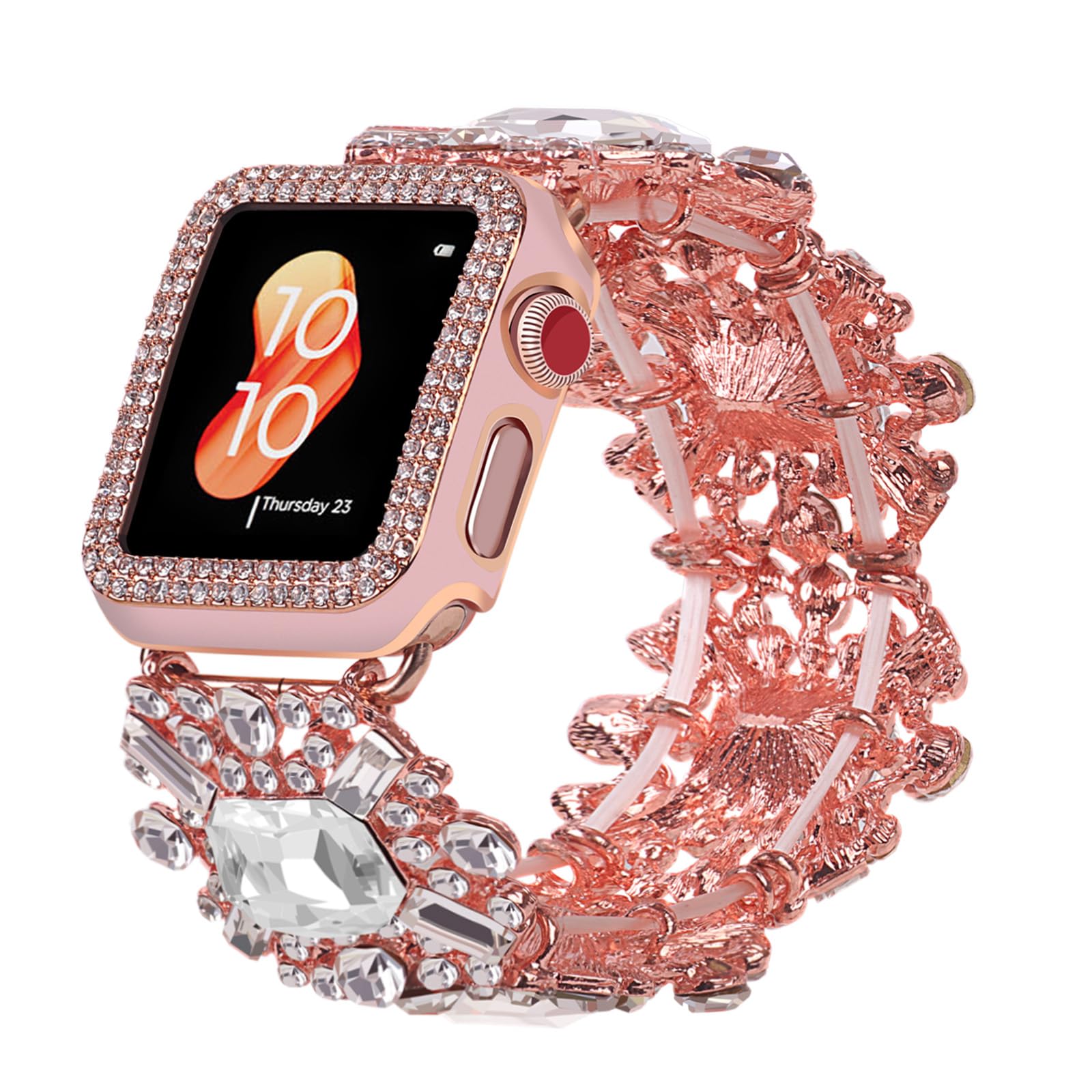 Bling Band with Case Compatible with Apple Watch Bands Series 9 8 7 SE 45mm 44mm 40mm 38mm 41mm 42mm for Women, Smart Watch Bracelet Straps with Starlight Cover, Dressy Cute Elastic
