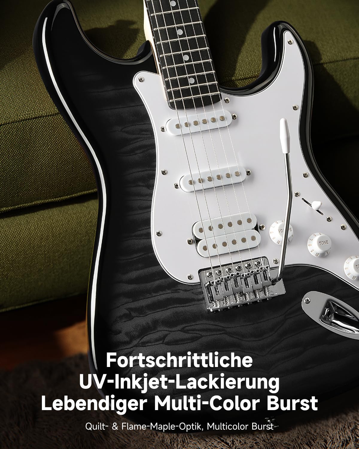 Donner DST-90 E-Gitarre Set 39 Zoll, Einsteiger E-Gitarren Komplettset mit Verstärker, HSS Tonabnehmer, Gigbag, Stimmgerät, Kapodaster, Gurt, Saiten, Kabel und Plektren, Black Burst