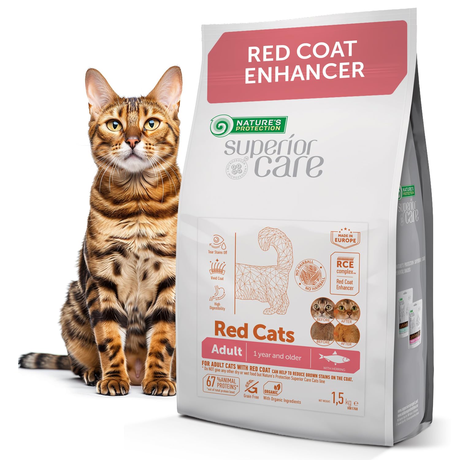 Nature's Protection Superior Care Dry Cat Food For Adult Red Cats (1.5 kg) | Grain Free with Herring | Hypoallergenic Cat Food for All Breeds | Hairball Control, Tear Stain Off, Healthy Skin & Coat