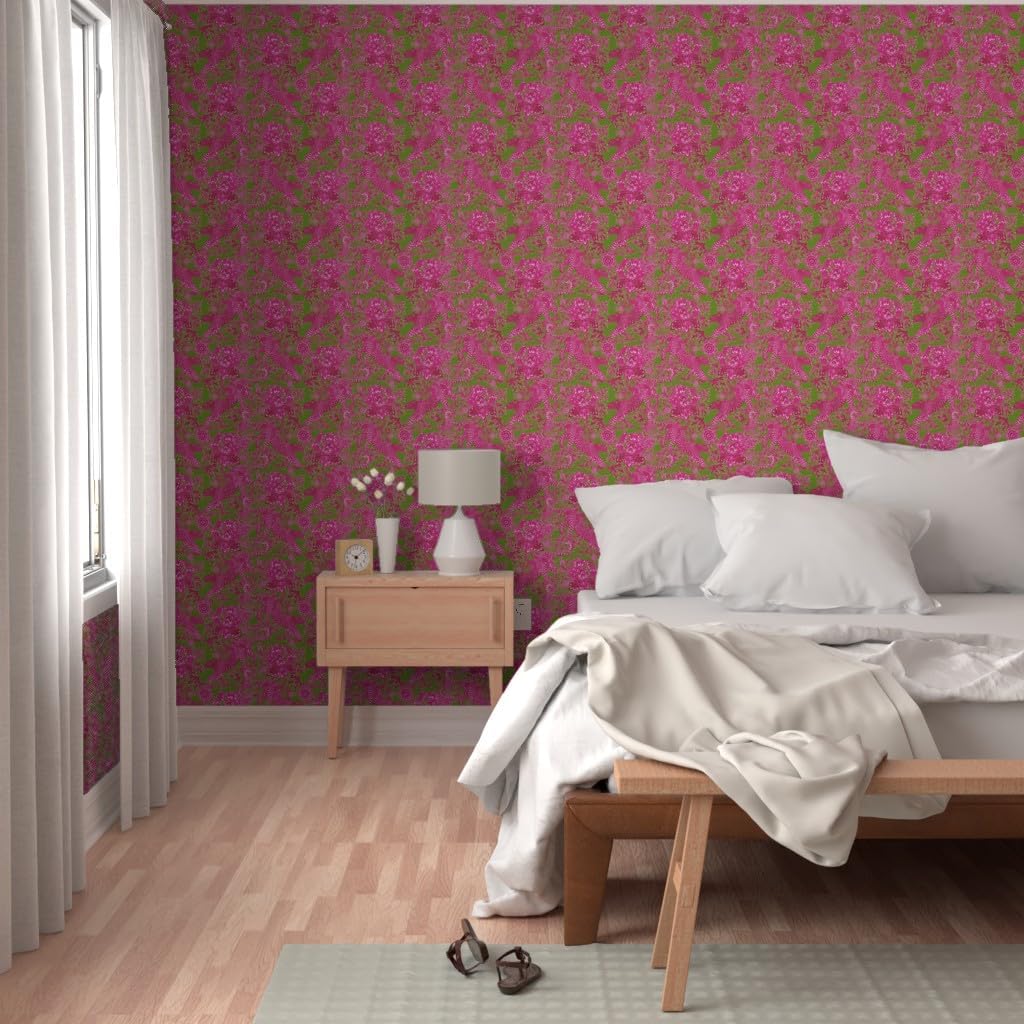 Peel & Stick Wallpaper 3ft x 2ft - Chinoiserie Maximalist Chintz Cheetah Jungle Hot Pink Bright Neon Custom Removable Wallpaper by Spoonflower