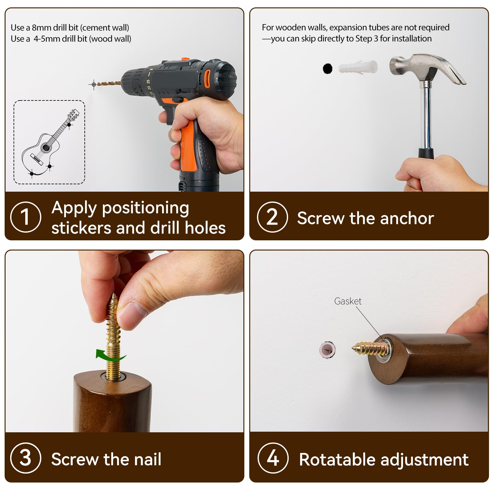 Colgador de pared horizontal para guitarra acústica y eléctrica, ukelele banjo (gris)