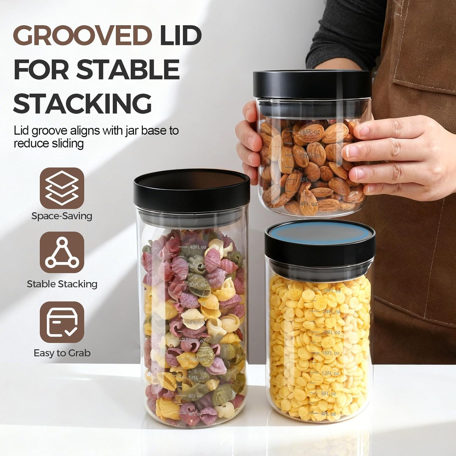 Danbark Set of 6 Mixed Sizes Airtight Glass Storage Canisters with Lids - Pantry Organizers and Storage Glass for Kitchen - for Pantry, Flour, Sugar, Coffee, Tea, Pasta, Rice, and Snacks - Black - Image 5