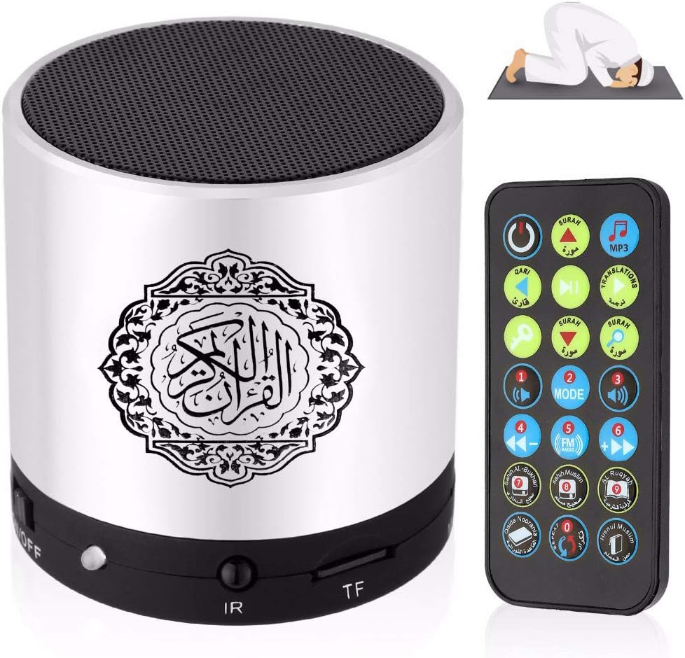 Quran Light Bluetooth Speaker, LED Bluetooth Speaker USB Charging Remote Control with Mp3 FM Player Table Lamp Full Recitations of Famous Imams and Translation (Silver)