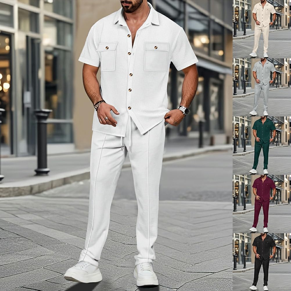 Homme Ensemble Casual Chemises Polos Hauts à Manches Courtes Mode 2 Pièce Survêtement Jogging Été T-Shirt Chemisette et Pantalons pour Vacance Loisir