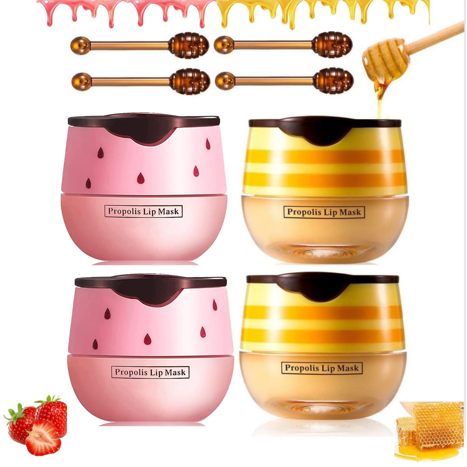 4PCS Bee Lip Balm Honey Pot - Honey & Strawberry Mask With Brush, Moisturizing & Hydrating, Prevents Dry and Cracked Lips, Reduces Lines - Lip Care