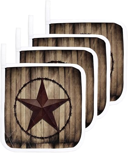 Juego de 4 soportes para ollas Western Farm Star, Texas Art Potholder a prueba de calor, antideslizantes, tablero de madera vintage de granja,