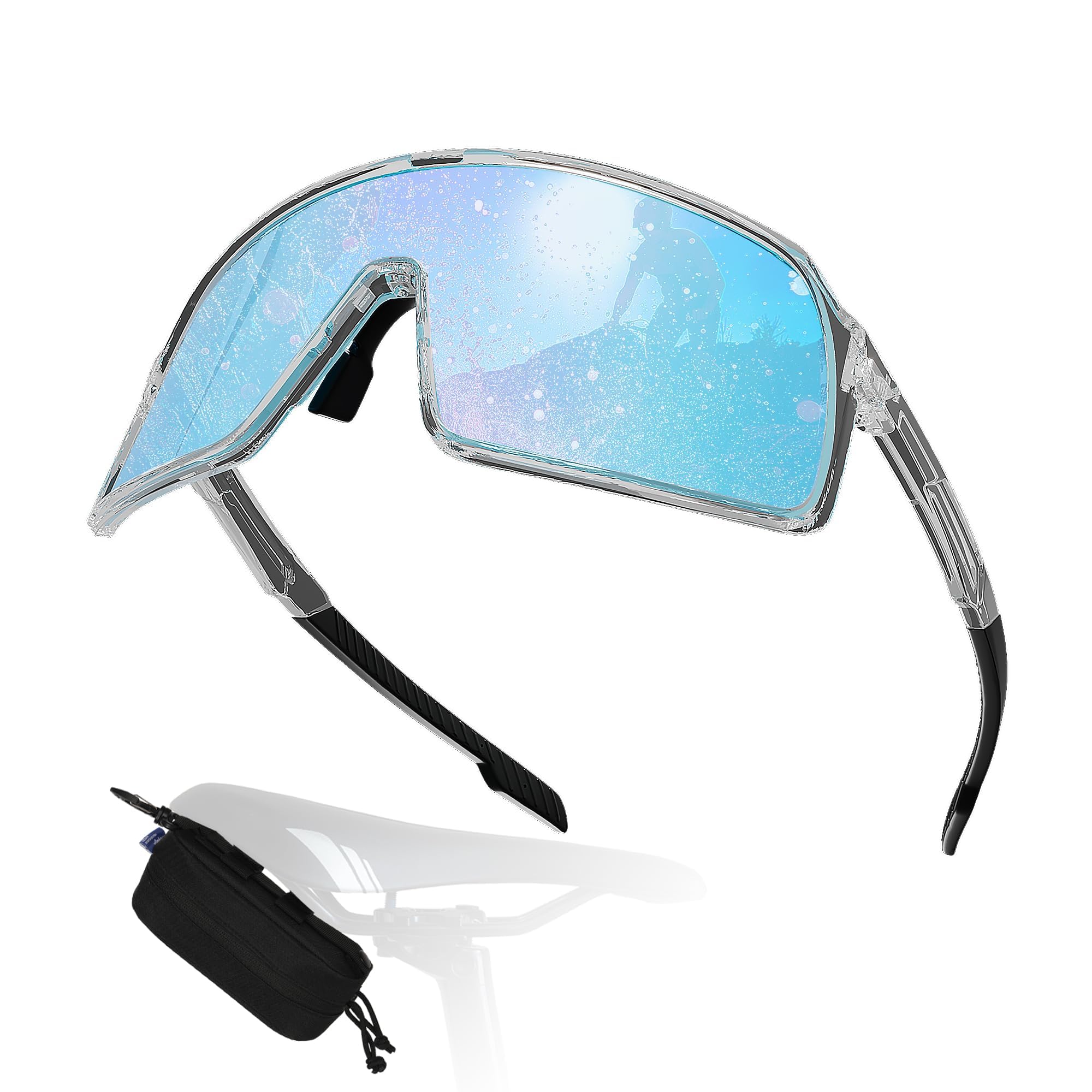 Occhiali da sole sportivi con borsa da sella multifunzionale, protezione UV400, occhiali da mountain bike, ciclismo, triathlon, corsa, per donne e uomini, ultra leggeri, visione ampia, specchio