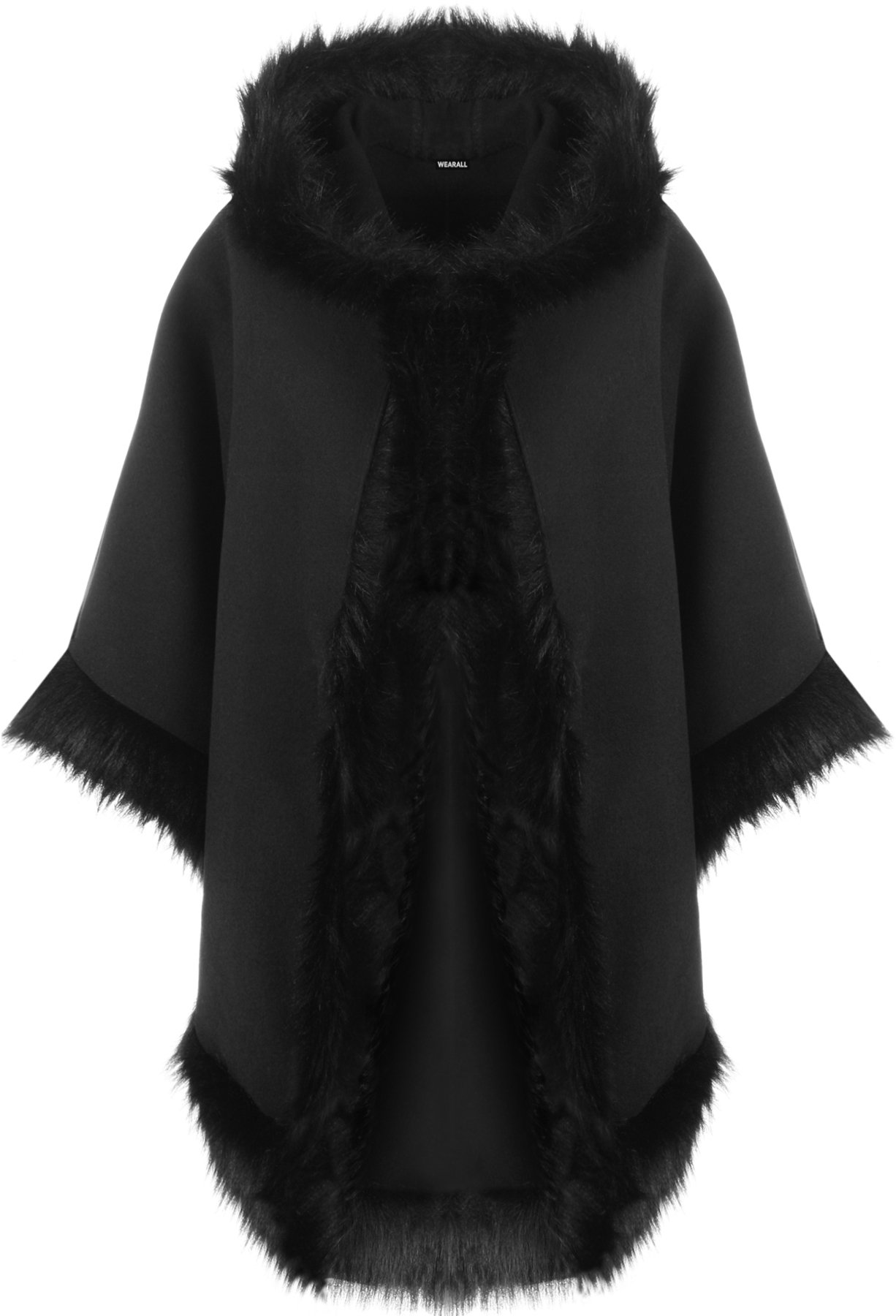 Wearall Women's Black Plain Faux Fur Trim Hood Cape Shawl Cloak Poncho Coat Top - One Size