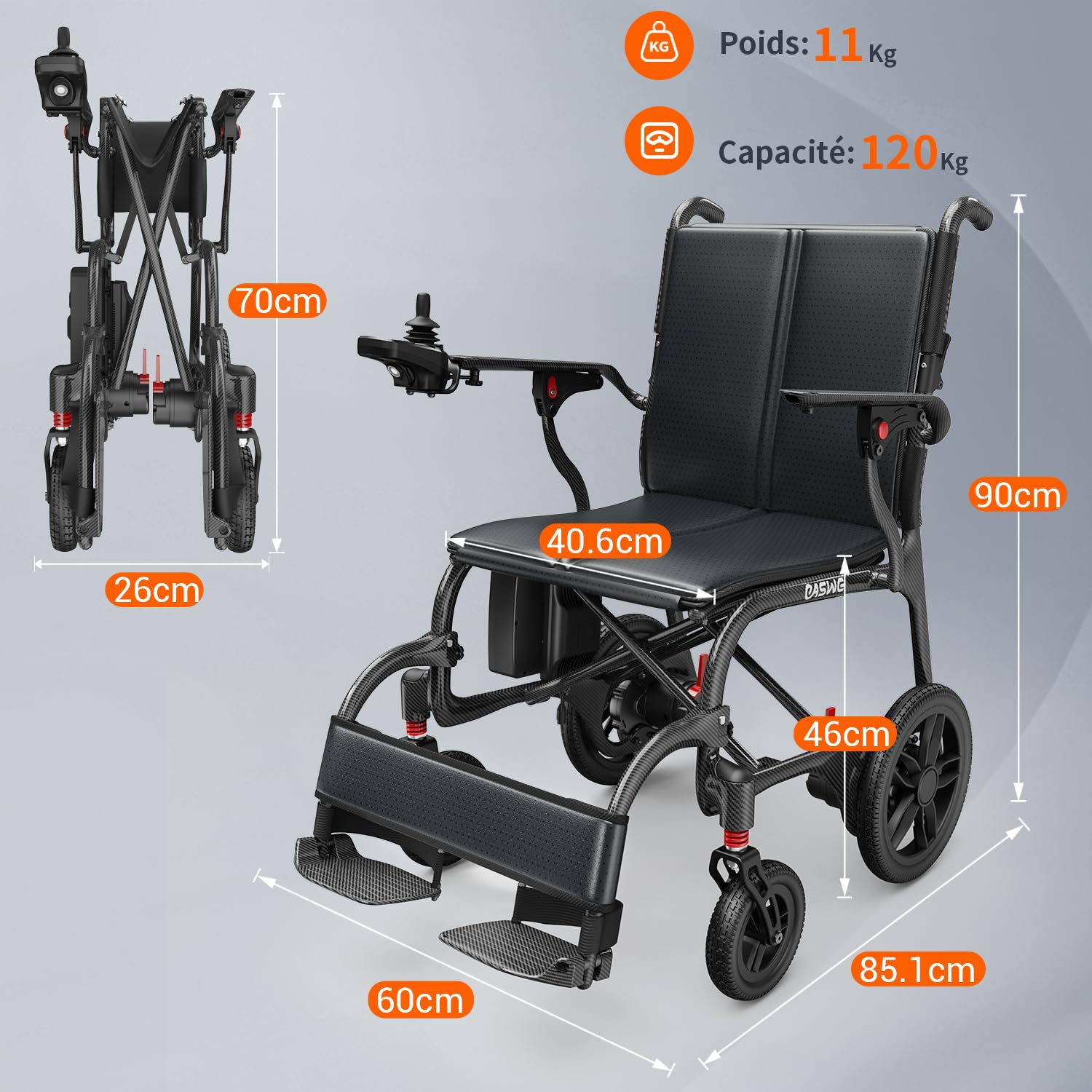 C30 Fauteuil Roulant Électrique Ultra Léger Pliable Tout Fibre de Carbone 11kg, Autonomie 25/50km, Moteurs Sans Balais 400W Batterie 24Ah, Fauteuil Roulant Transportable pour Adultes Âgées, Noir