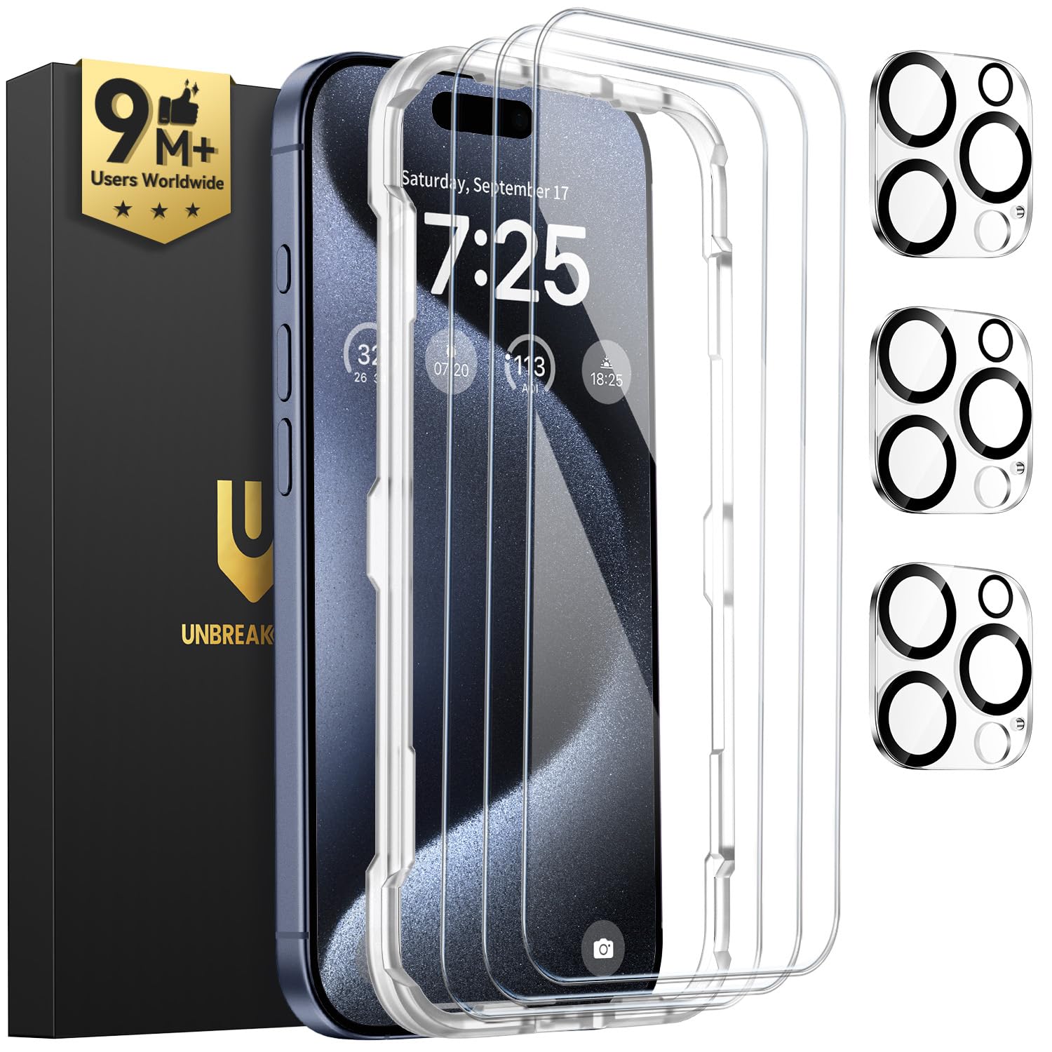 UNBREAKcable iPhone 15 Pro Screen Protector 3-Pack, Upgraded Dual-Tempered Glass + 3 Camera Lens Protectors, Military-Grade 9H Hardness, HD Clarity, Anti-Fingerprint, Case Friendly, 6.1 Inch