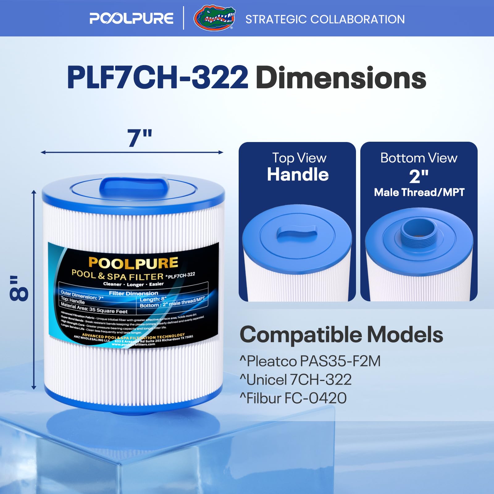 POOLPURE Filtre de spa 7CH-322 remplace PAS35-F2M, Unicel 7CH-322, Filbur FC-0420, 100520, 3301-2109, cartouche de filtre MPT/filetage mâle 5,1 cm