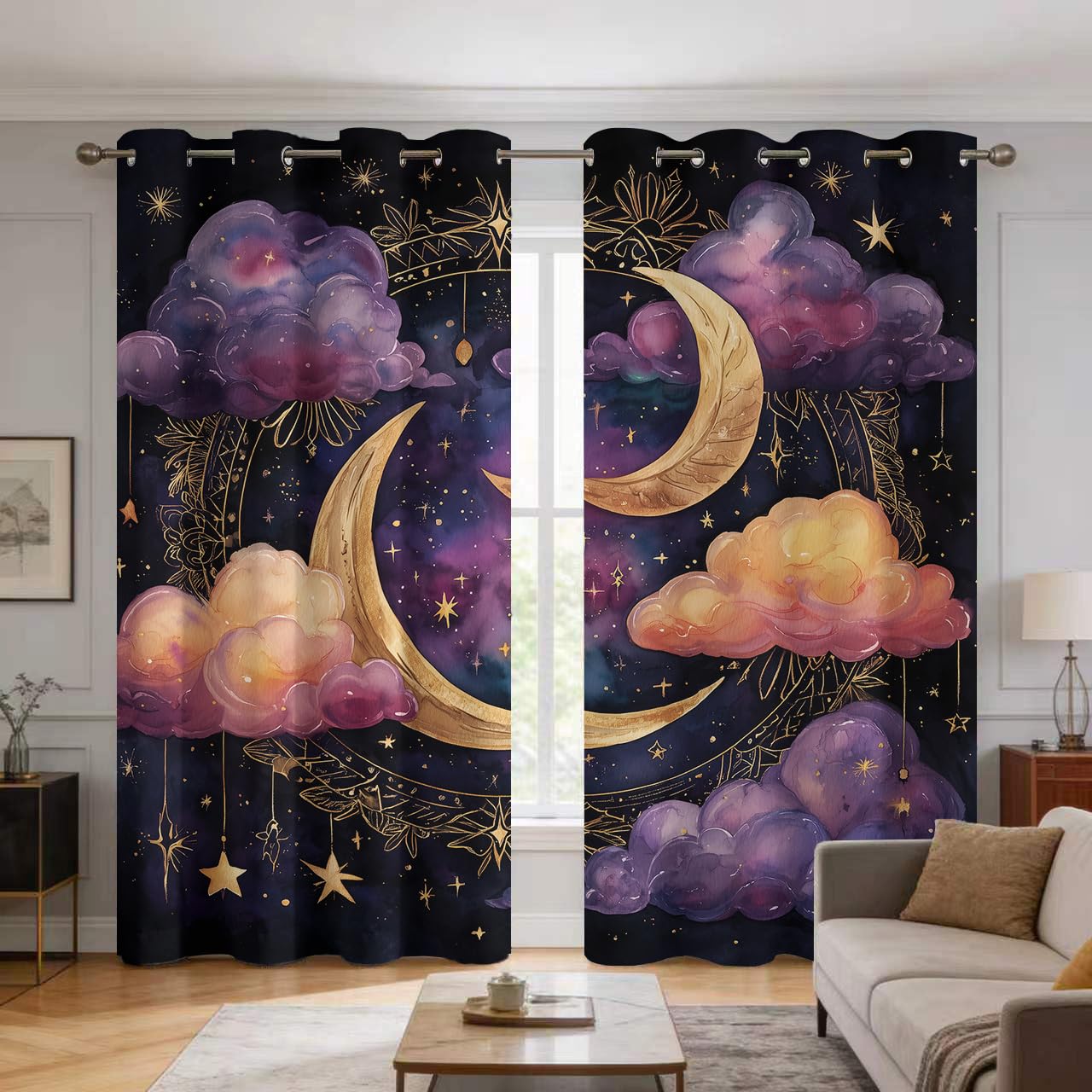 Générique Rideau Occultant Nuage Lune, Lot de 2 75x166(LxH) | Rideaux Thermiques Motif Étoile Ciel Nocturne pour Decoration Chambre Salon, Draperies Intérieurs à Oeillets E8029