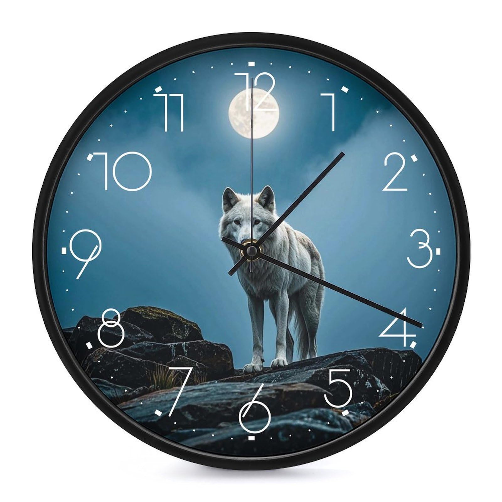DWVTSLH The White Wolf on The Rock Wall Clock 10 Inch Silent Non-Ticking Modern Clocks Battery Operated - Decorative Wall Clocks for Bedroom Living Room Kitchen Office Wall Decor Gift Idea