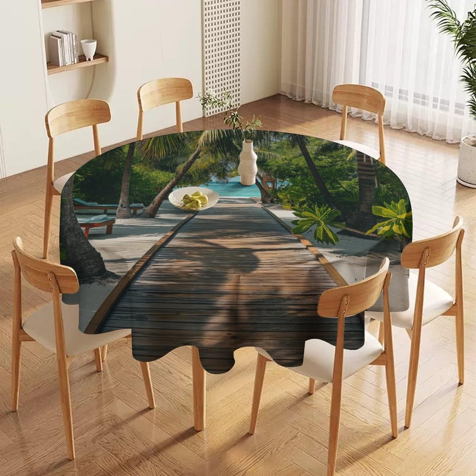ORDOBO 3D Printed Tablecloth - Forest Beach Round Tablecloth Wipeable For Kitchen Dinner Picnic Party Home Fashion Print Table Cover Decoration 152X152Cm