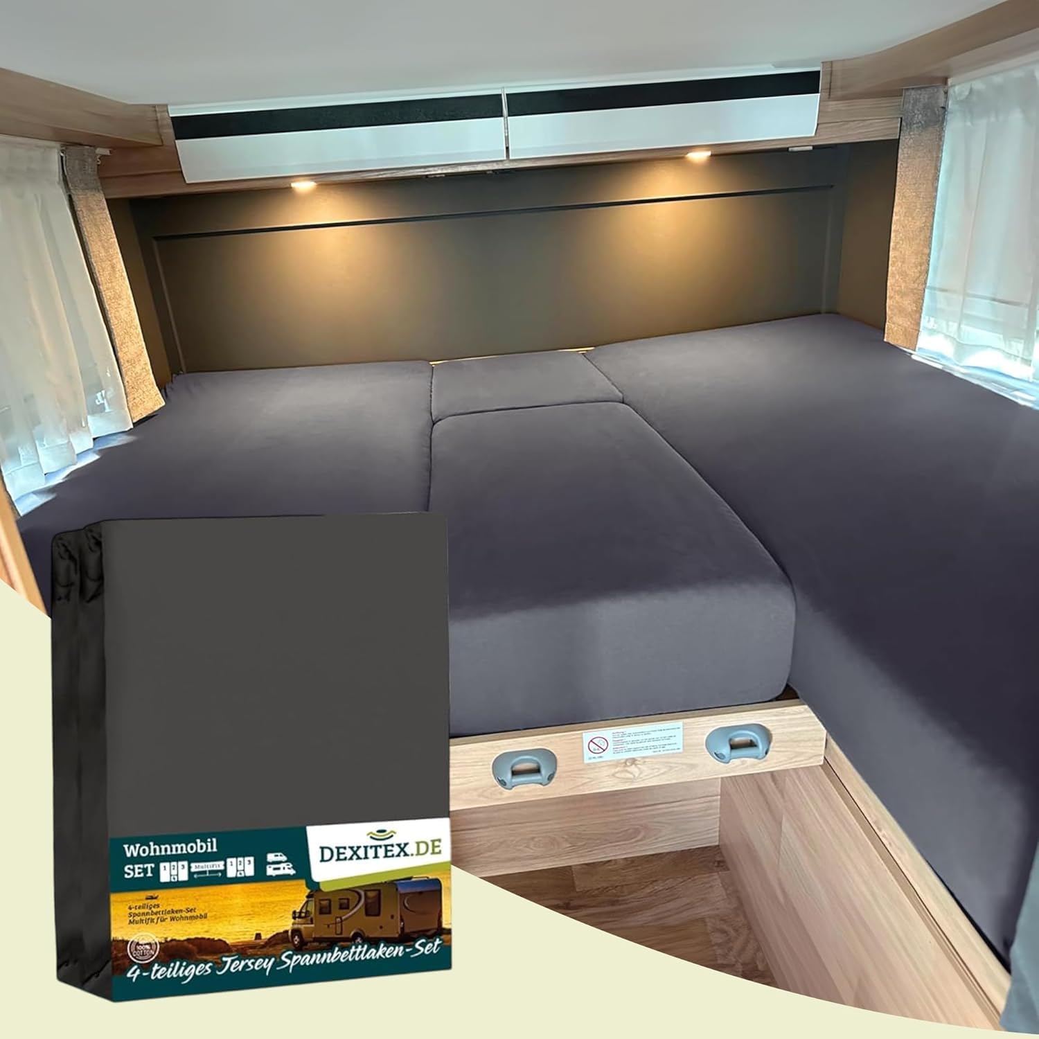 Lenzuola per Camper in 4 pezzi - Letti Francesi - Oeko-TEX - 100% Cotone - Antracite