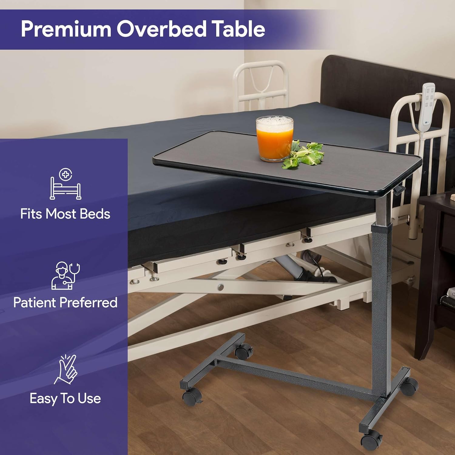 Mahogany Overbed Table with Wheels - Over Bed Table with Wheels, Adjustable Height, and Wood Top - Medical Rolling Bedside Table for Hospital and Home Use