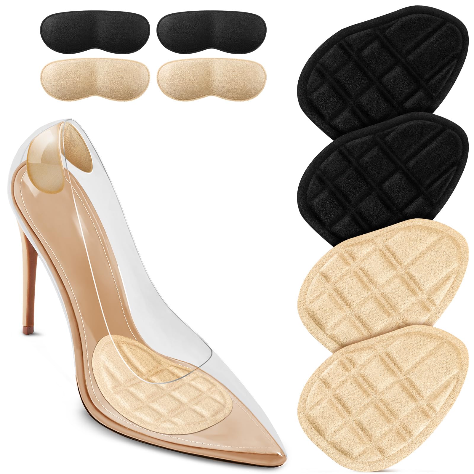 ZAIWOOZAIWOO Metatarsal Pads Women, Ball of Foot Cushions, High Heel Inserts, All Day Pain Relief and Comfort, No Slip Heel Grips Liners Shoe Pads for Loose Shoe(Black+Beige)