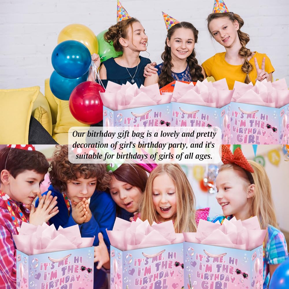 Eaureum It's Me Hi I'm The Birthday Girl Gift Bag for Girls, Purple Pink Blue Birthday Gift Bag Party Decorations for Girls Daughter Granddaughter Friends
