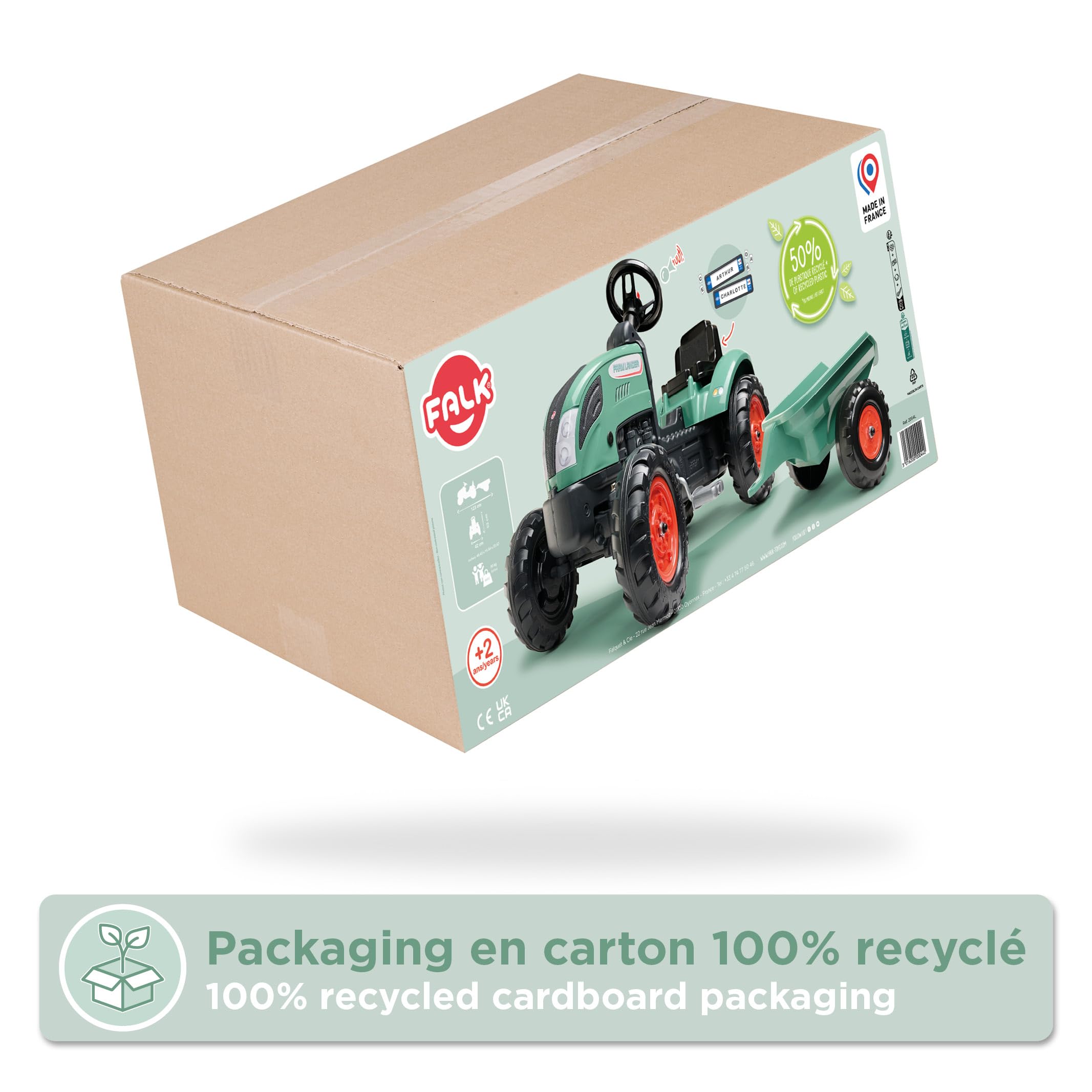 FALK - Trattore a pedali Farm Lander con rimorchio - Da 2 Anni - 50% plastica riciclata - Made in France - Volante con clacson - 2054L, verde scuro