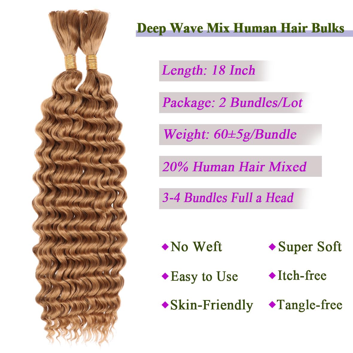 Kachanaa 18 Inch Deep Wave Human Hair 20% Mixed for Boho Box Braids 2 Bundles Deep Wave Curly Braiding Human Hair Extensions for Goddess Braids /27# - Image 4