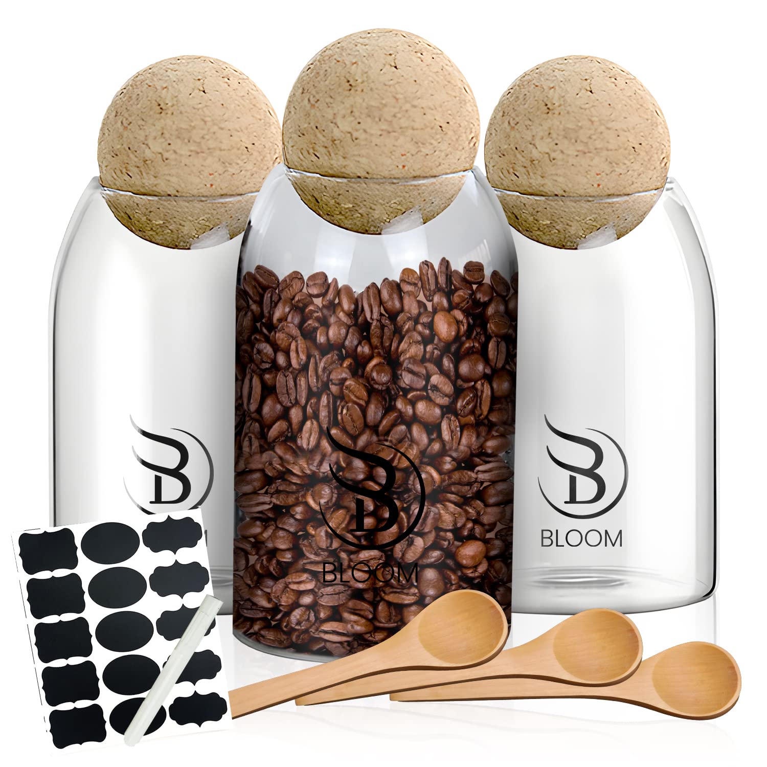 BLOOM 700ml Glass Storage Container with Ball Cork, Cute Decorative Organizer Bottle Canister Jar with Airtight Wood Lid and Spoons for Kitchen Pantry Bathroom Office Food Coffee Candy (238g 14.8x9cm)
