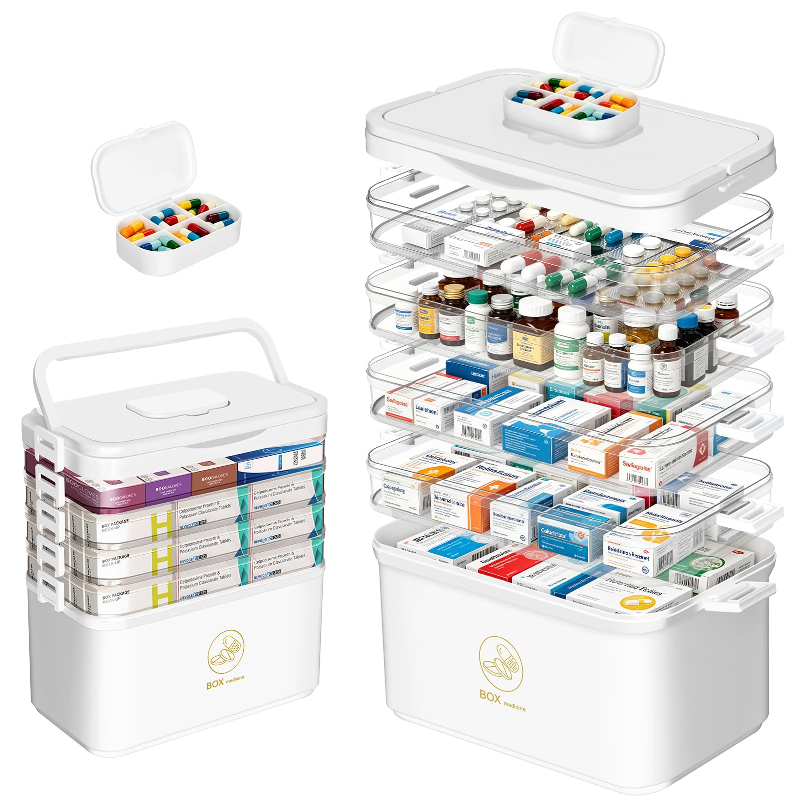Mittimiya Scatola per medicinali a 5 ripiani, 30 x 31 x 16 cm, in plastica, con maniglia per il trasporto e piccolo portapillole, per famiglia, ufficio, scuola e viaggi