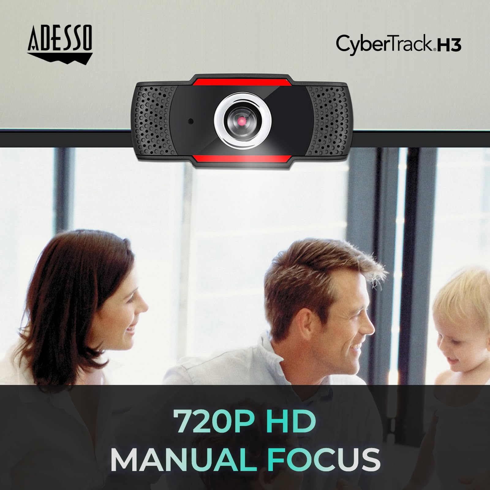 ADESSO CyberTrack H3, cámara Web HD de 720p, micrófono Integrado, USB 2.0, resolución de Video HD de 720p, Sensor CMOS de 1.3 MP, Compatible con Zoom, Skype, Windows 10/8/7/Vista, Mac OS X 10.6