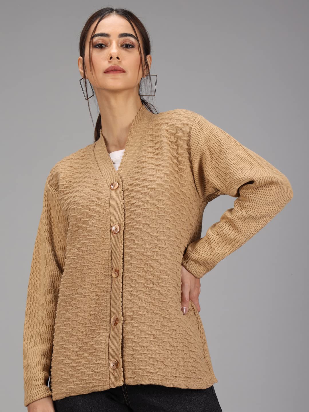 eKools Women's Winterwear Woolen V-Neck Sweater Cardigans (2XL, Beige) - Image 4 thumbnail