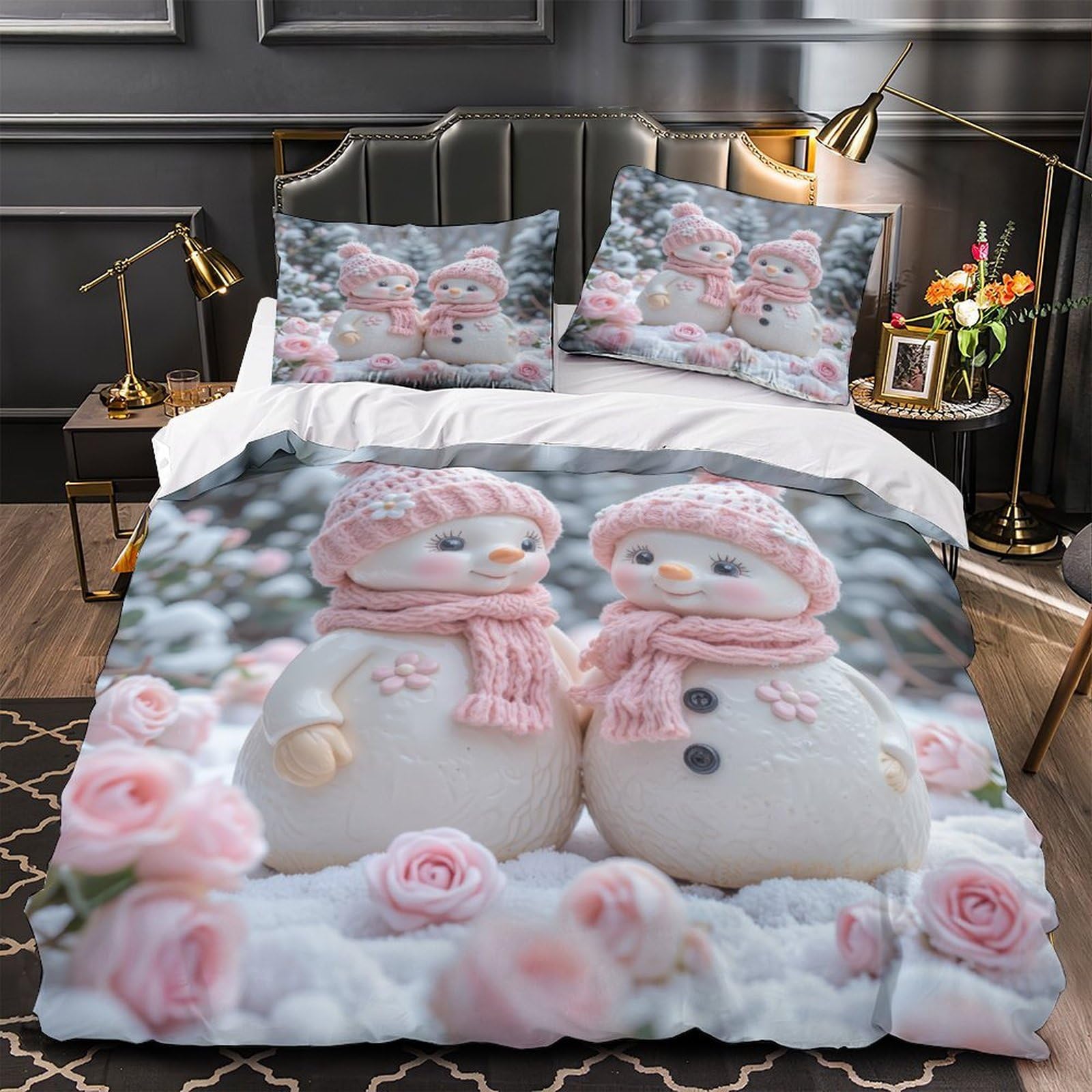 Winter Schneemann 3D Print Bettbezug Microfaser Schlafzimmer Deko Pärchen Schnee Bettwäsche Set Hautfreundlich Atmungsaktiv für Erwachsene Super King（260x220cm）