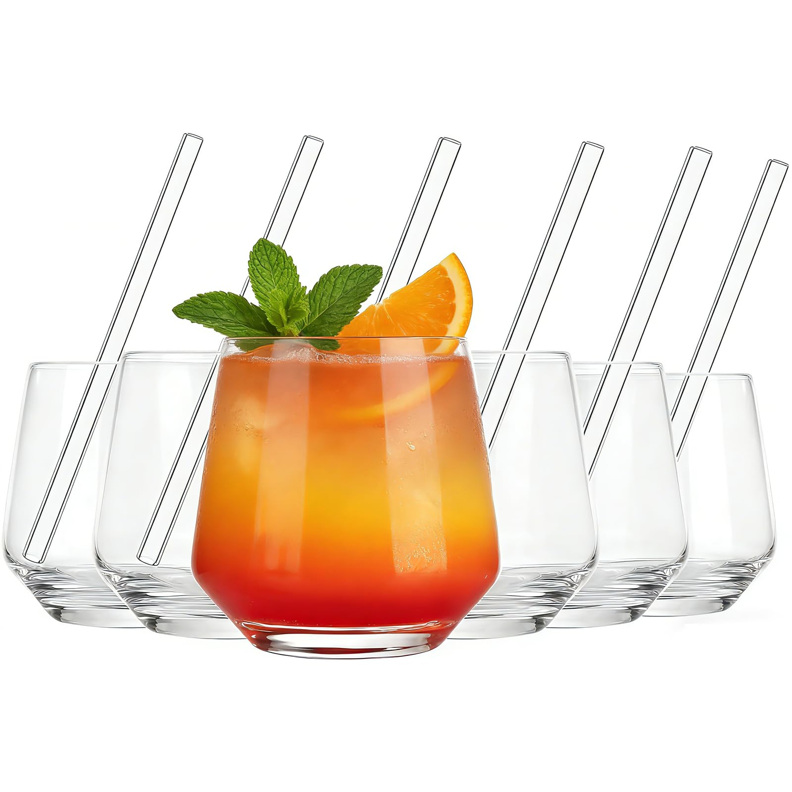 ALINK Drinking Glasses with Glass Straws Set of 6 13 oz Tall Highball Glass Cups Lead-Free Crystal Water