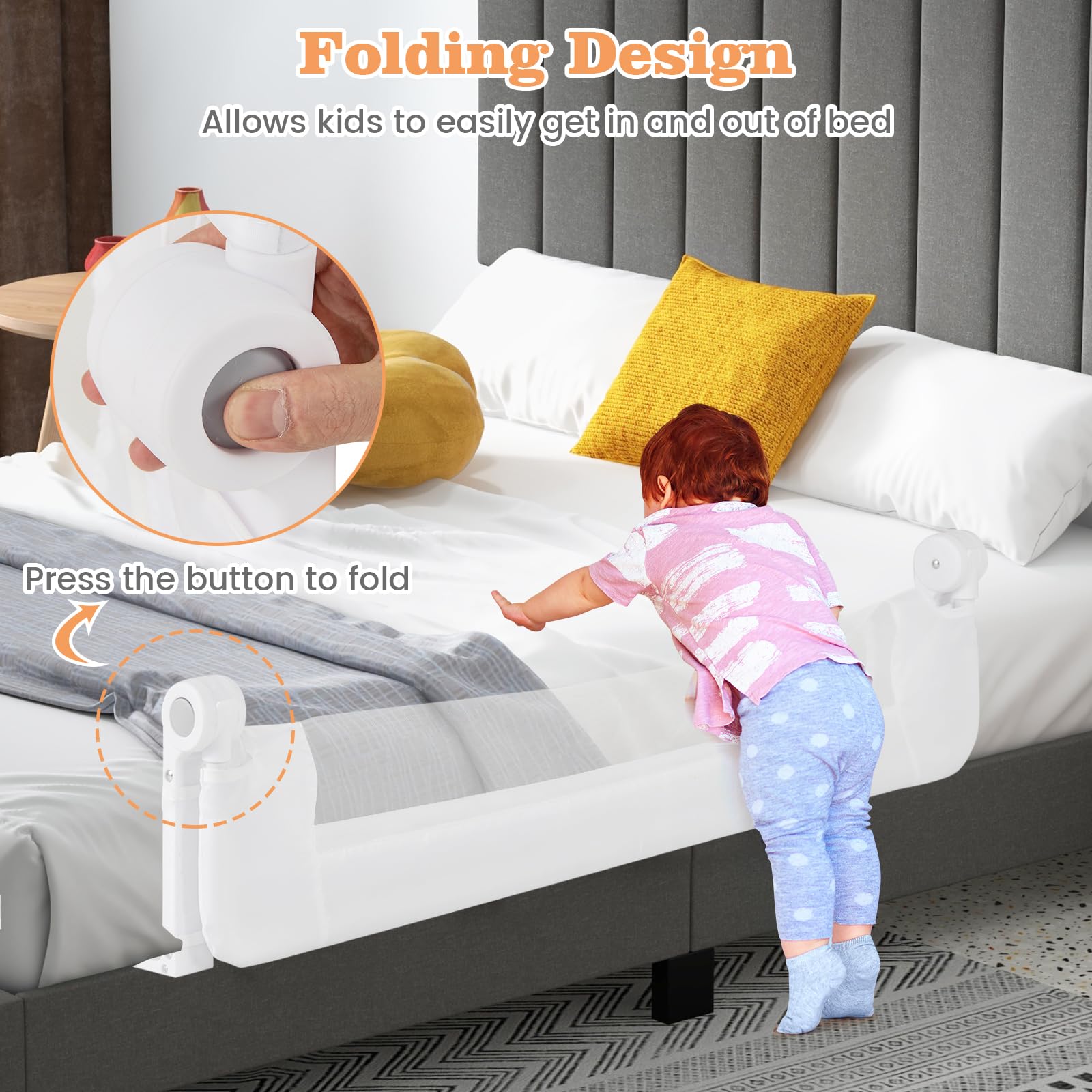 LIFEZEAL Sponda Letto Pieghevole, Sponda Letto di Sicurezza per Bambini in Tessuto Oxford e PP, Sponda Letto per Bambini 120x42,5 CM, Protezione Anticaduta (Bianco)