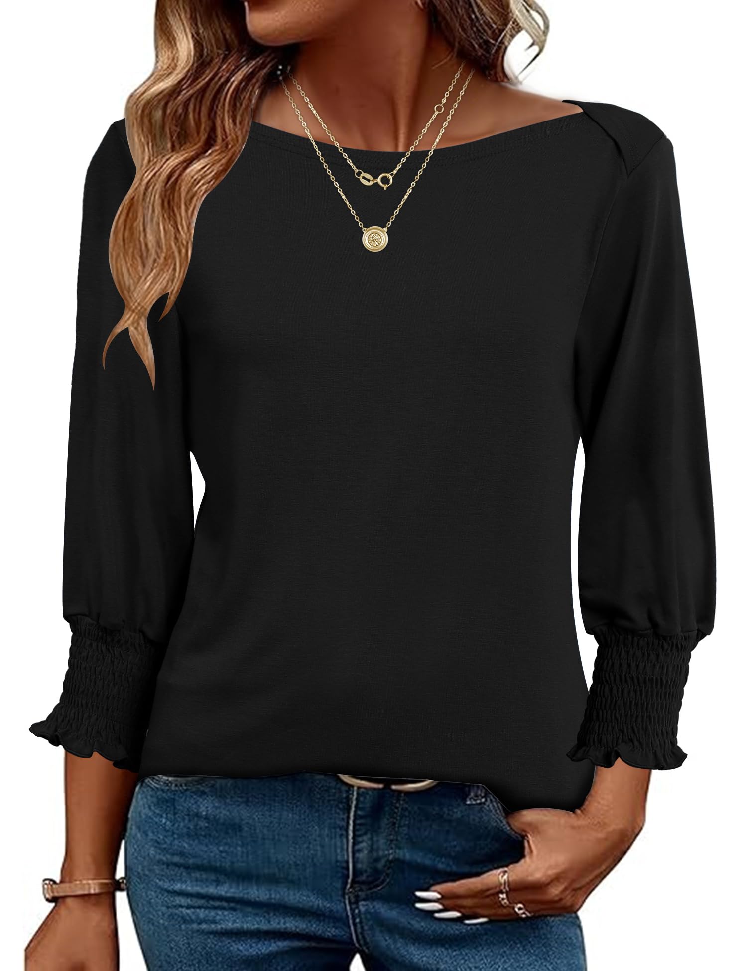 EFFAN Bluse Damen Oberteile 3/4 Ärmel U-Boot Ausschnitt Tops Elegant Casual 2026 Sommer Bohemian Rundhals Tunika Shirt