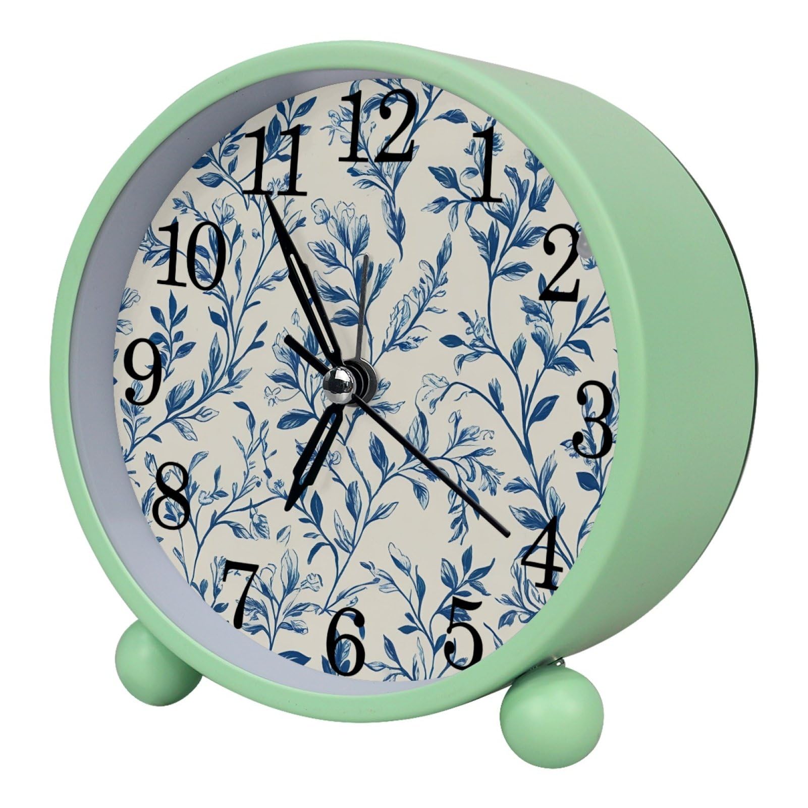 etoenbrc Blue Botanical Herbs Leaves Round Battery Operated Bedside Alarm Clock Non-Ticking Desktop Silent Analog Alarm Clocks with Light