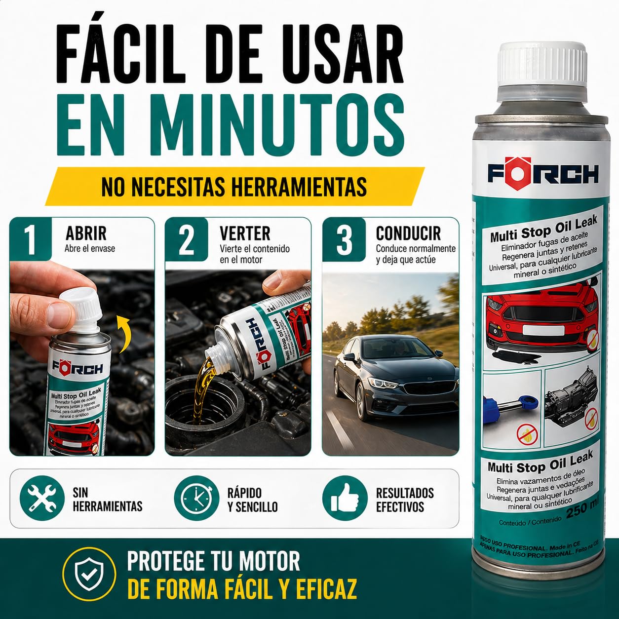 FORCH Tapa Fugas Aceite Coche, antifugas Motor y transmisión, Stop Leak Que repara Fugas sin Desmontar, válido para Motor, Caja de Cambios y dirección, 250 ml (3)