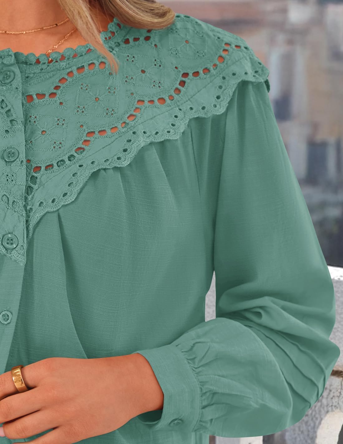 ZESICA 2026 Spring Summer Long Puff Sleeve Babydoll Tops for Women Lace Crochet Button Down Boho Victorian Shirts - Image 4