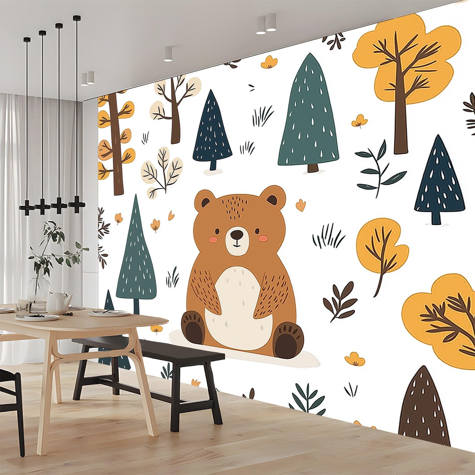 Panoramiczna tapeta kreskówka las niedźwiedź brązowy zielony 200 x 140 cm (szer. x wys.), nowoczesna tapeta z włókniny do sypialni salonu biura spersonalizowana dekoracja ścienna restauracja pokój