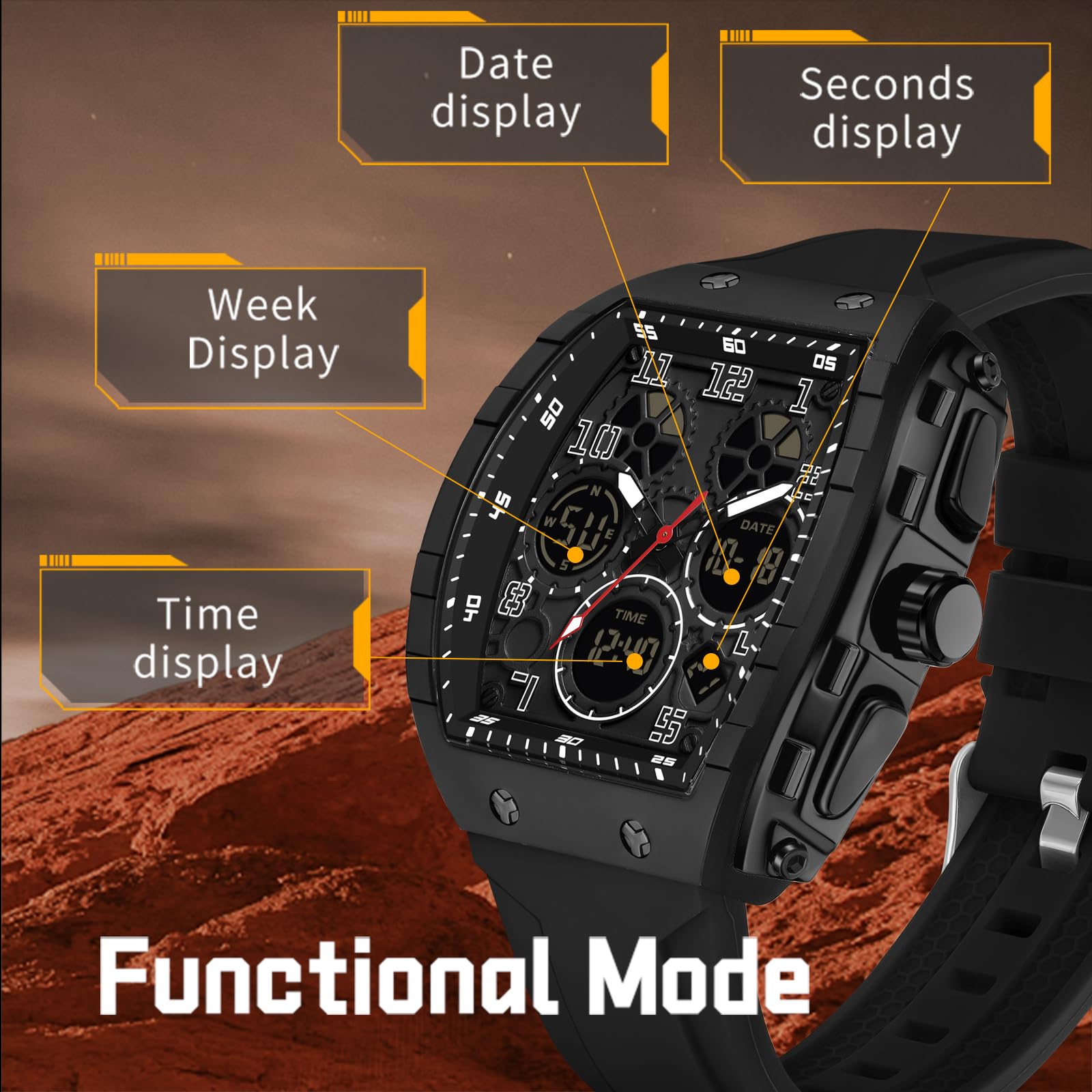 findtime Relojes únicos para Hombre, Reloj Digital Resistente al Agua, Reloj Deportivo con Alarma, cronómetro, diseño Punk, analógico, Calendario, Doble visualización de Hora, Correa de Silicona