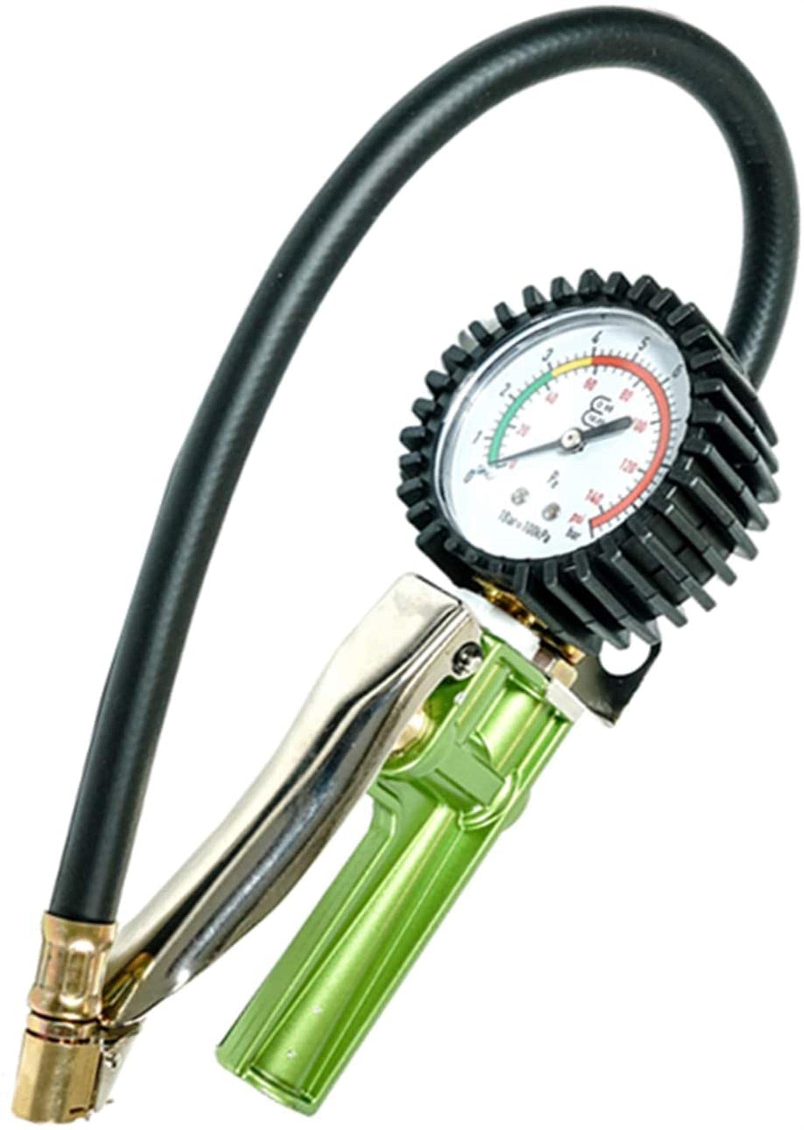 HMTE Manometro per Pneumatici, gonfiatore per Pneumatici da 140 PSI con compressore d'Aria per manometro, mandrino per valvola d'Aria per Auto, Moto, Bicicletta (Verde 0)