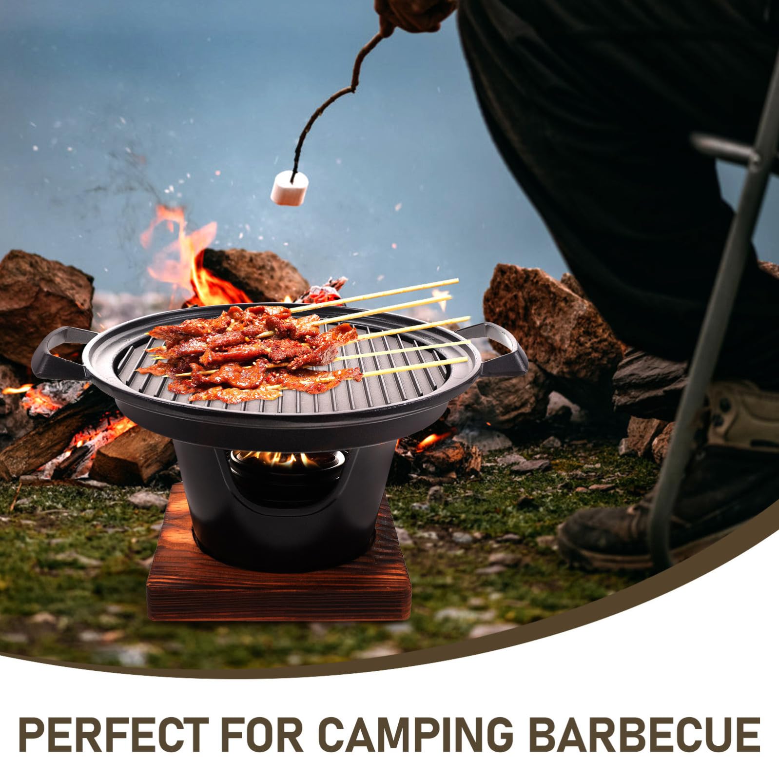 PLAFOPE Barbecue Portatile da Tavolo senza Fumo per 2-3 Persone, Forno per Arrosti in Lega di Alluminio e Legno, per Campeggio e Uso Domestico