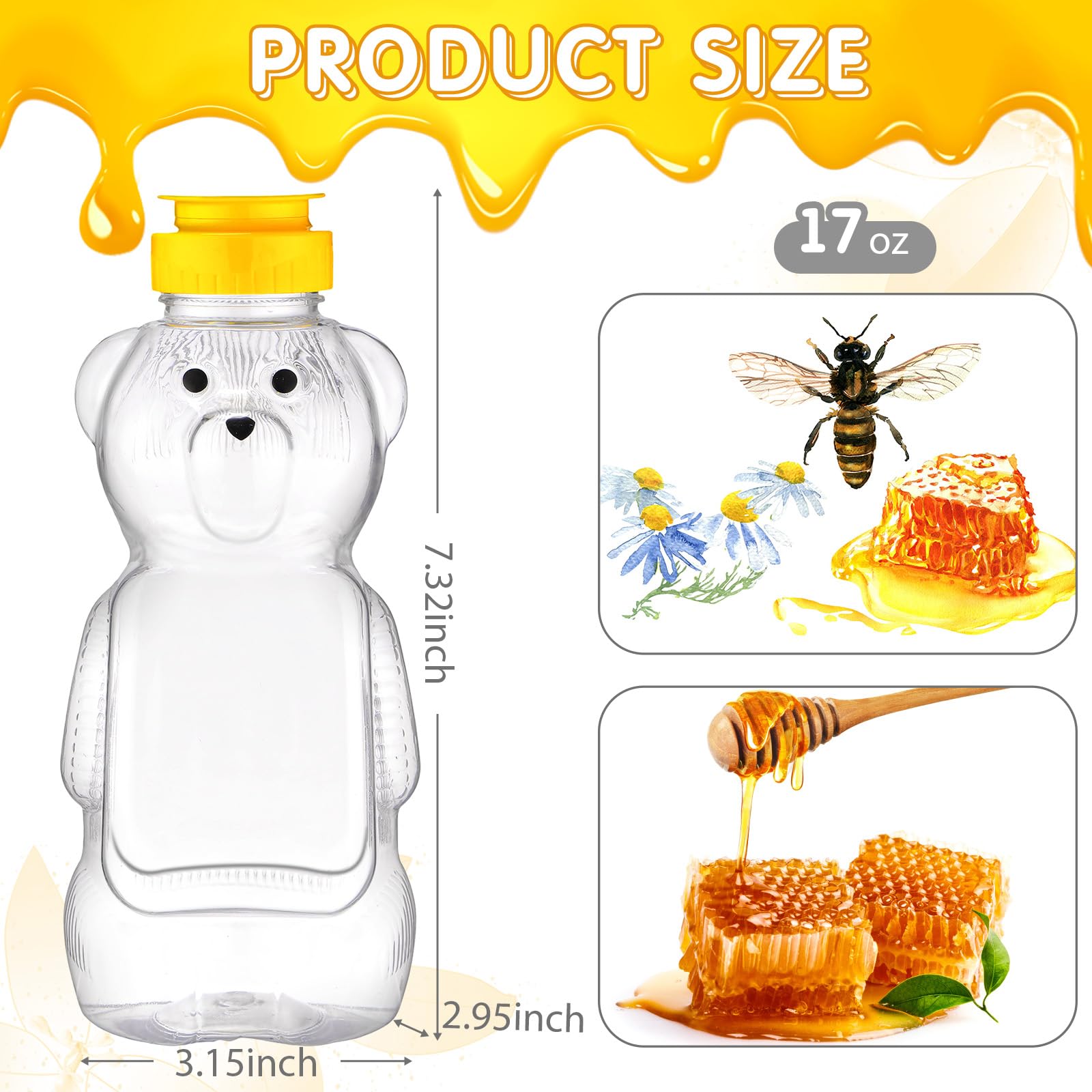 36 botellas vacías de plástico para miel con tapa abatible amarilla, recipientes de miel para almacenar y dispensar jugos, transparentes (500 ml)