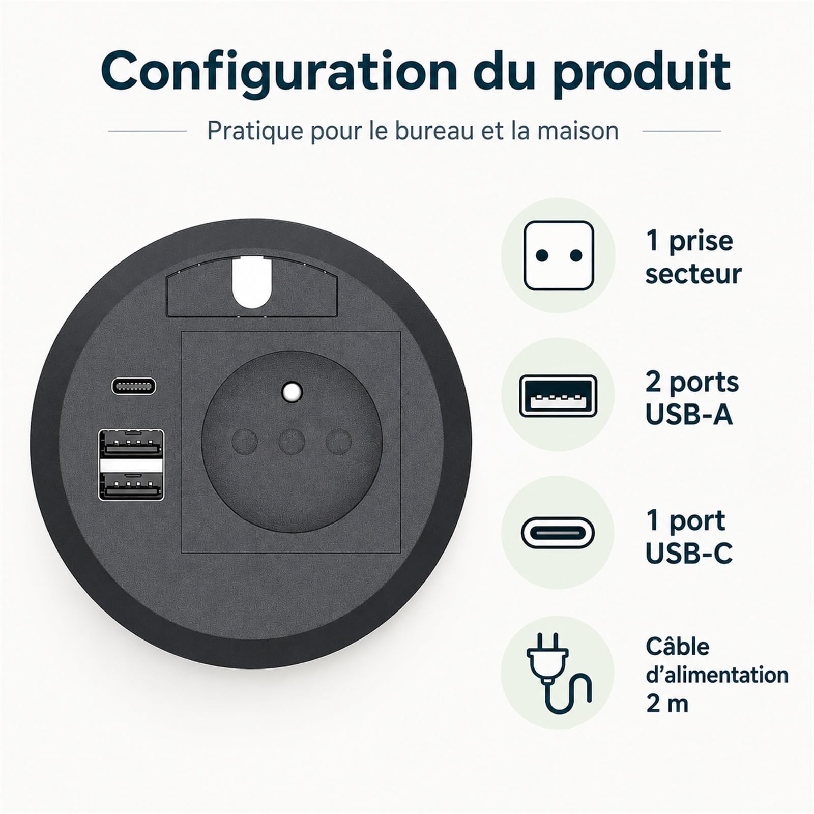 Presa da incasso per piano di lavoro, multipresa da scrivania con 1 presa 250 V/16 A, USB-C PD 20 W, 2 USB-A 18 W, Ø80 mm, cavo incorporato, cavo 2 m, nero