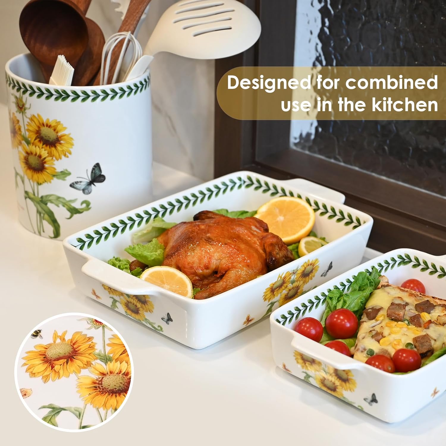 ACMLIFE Ceramic Casserole Dish Set, Ceramic Baking Dish for Oven, Casserole Dish Bakeware Set, Casserole Dishes for Oven, Lasagna Pan, Large Baking Dishes with Handles, Microwave, Dishwasher Safe, Gift Packaging Floral 2 Pcs Set(13"x8"+10.3"x6.3") (Sunflowers)