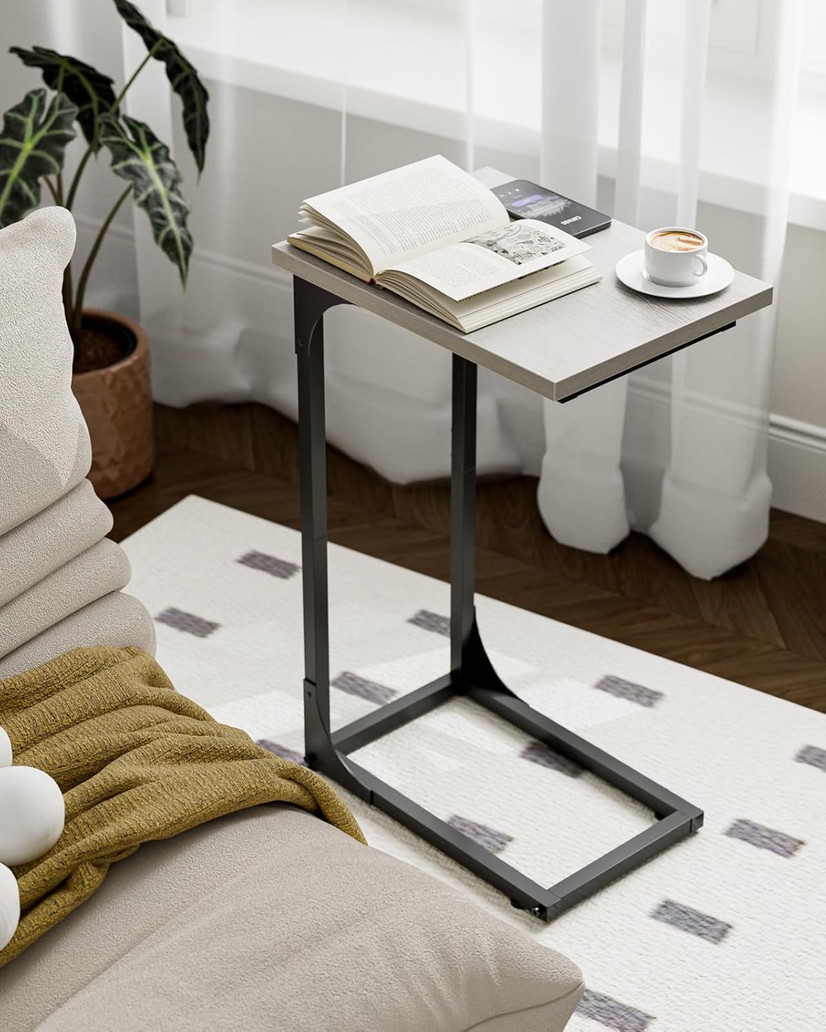 C-Shaped Side Table for Couch - Small Coffee Stand Sofa Tray Desk with Metal Frame and Waterproof Scratch Resistant, Modern End Accent for Living Room, Bedroom, Small Spaces, Greige