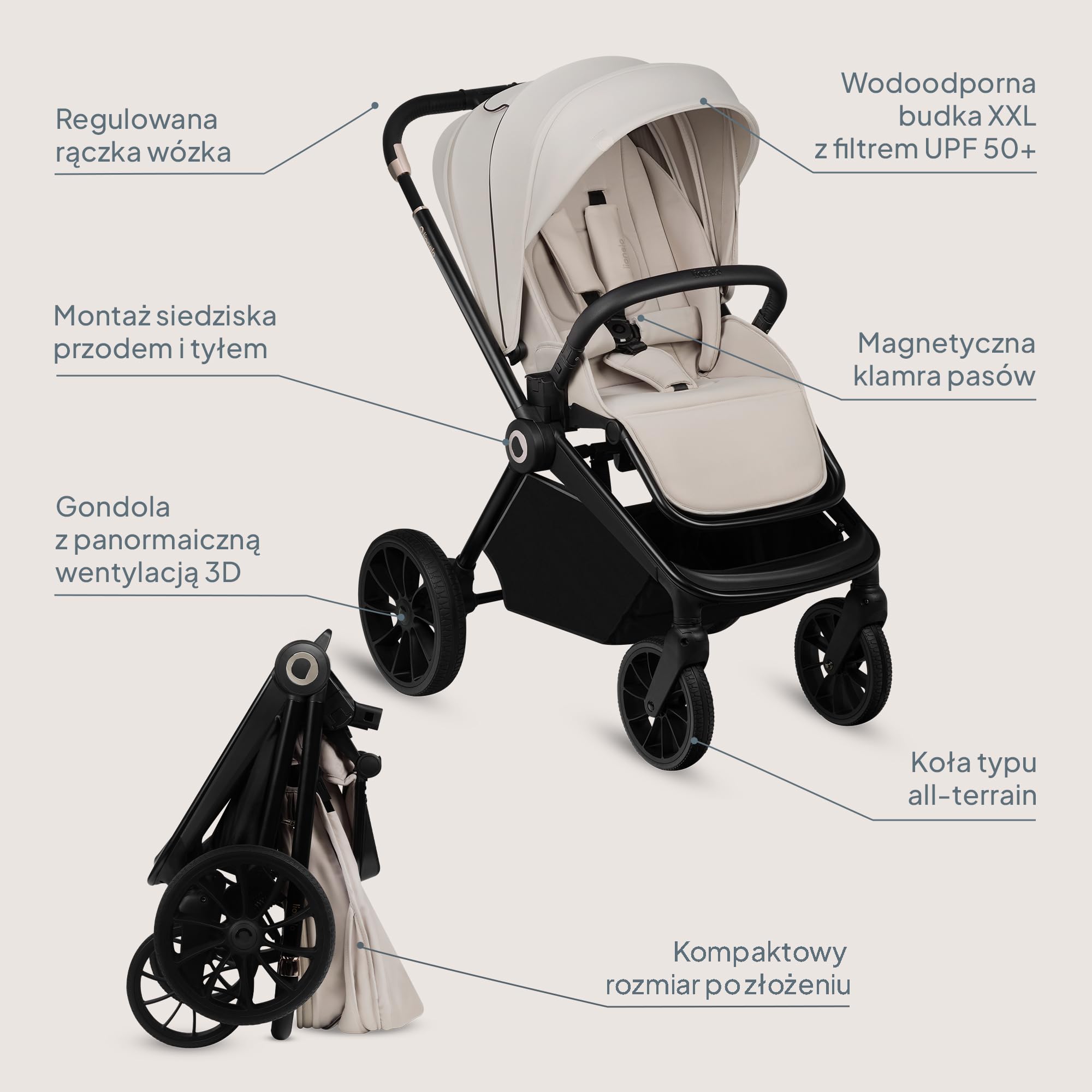 LIONELO MIKA PLUS Wózek Spacerowy Dziecięcy 6-48 miesięcy do 22 kg, Regulacja Oparcia i Podnóżka, Amortyzacja, Obrotowe Koła PU 360° Wodoodporna Budka XXL, UPF50+